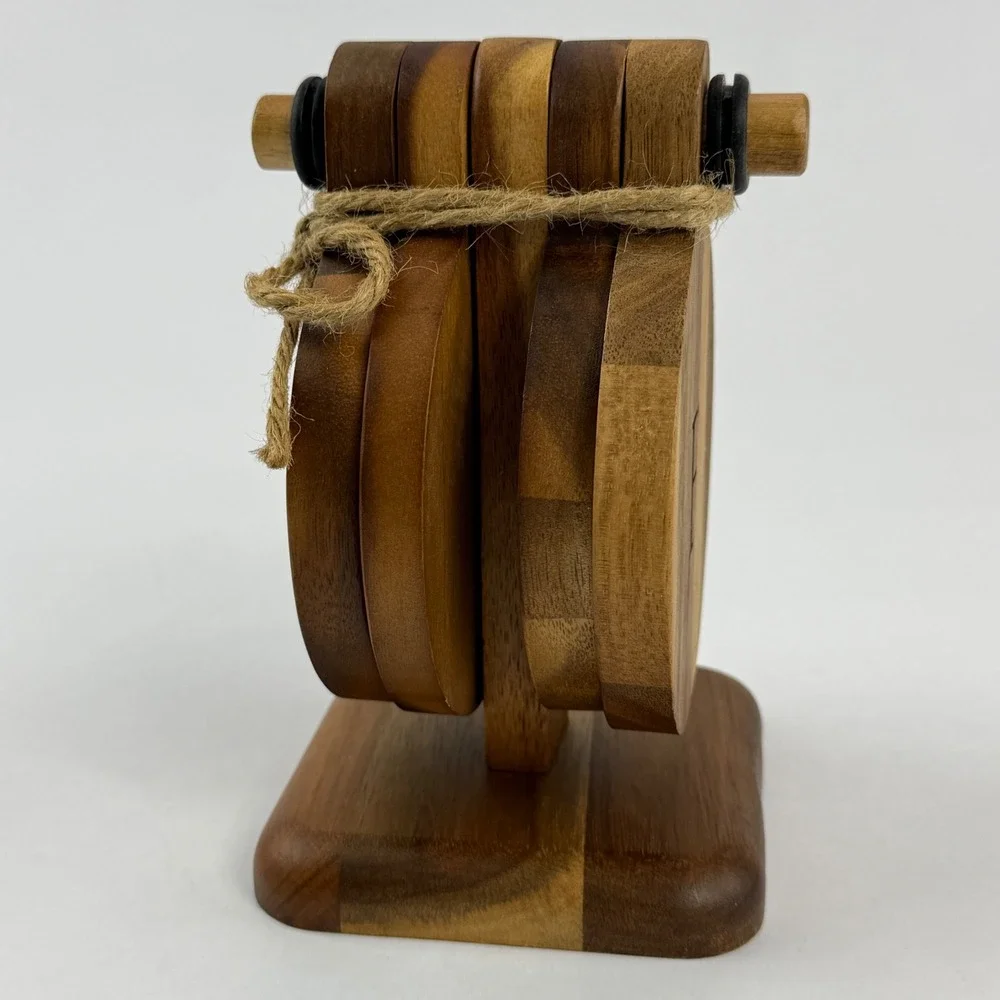 Monogrammed Letter F Acacia Wood Coaster Set with Vertical Stand 5 Piece Rustic
